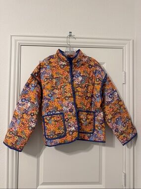 Amazon Floral Quilted Puffer Jacket - Orange Multi with Blue Trim